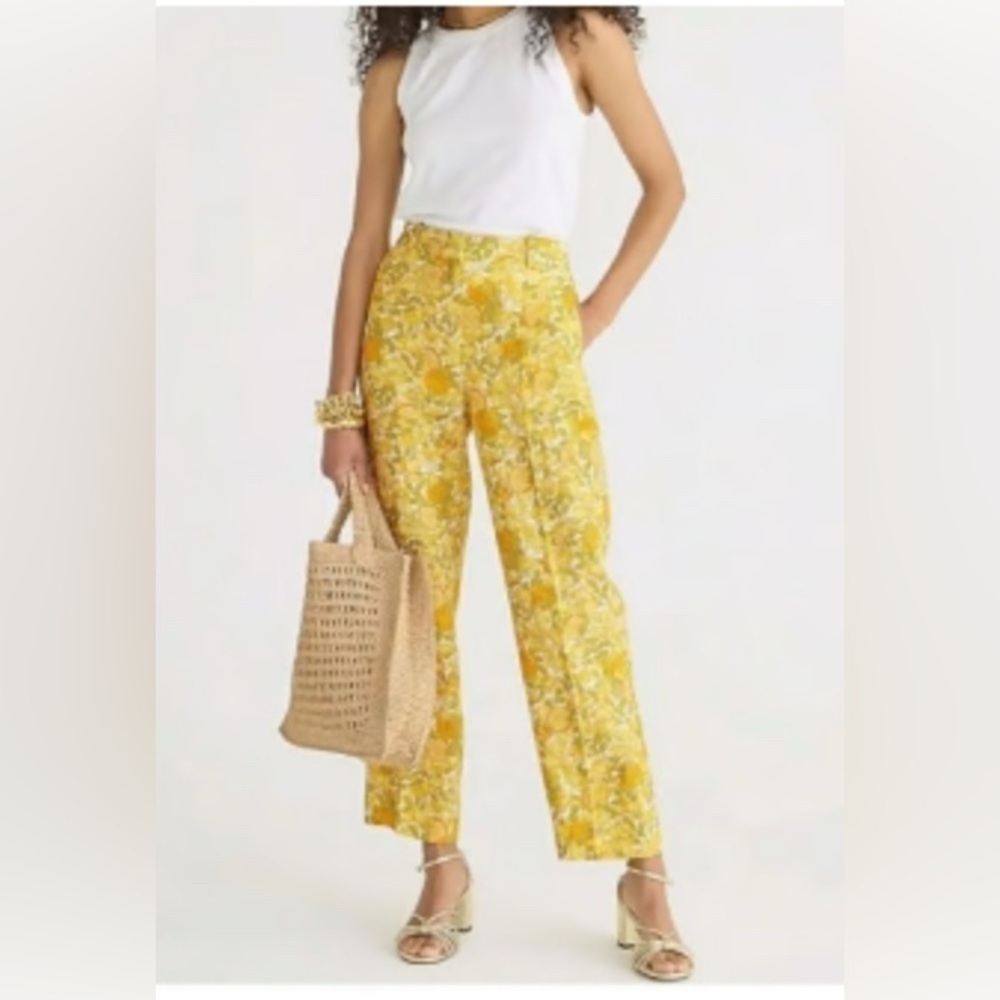 J CREW Ingrid Limone Floral Yellow White lemon fruit print linen Pants 10 NEW! - Picture 2 of 8